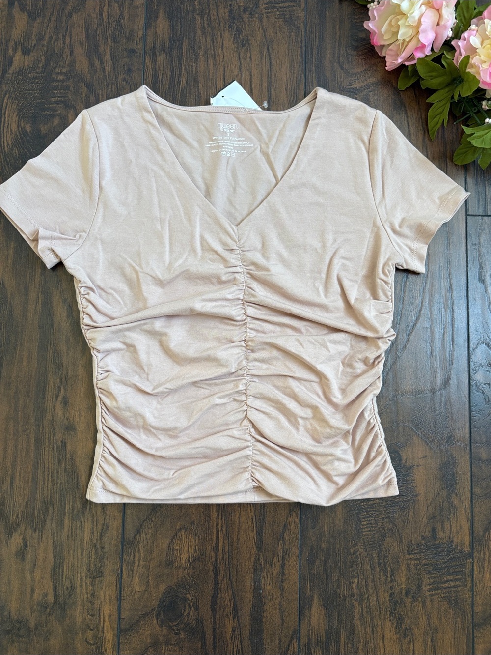 Ruched V-Neck Short Sleeve Top - Blush